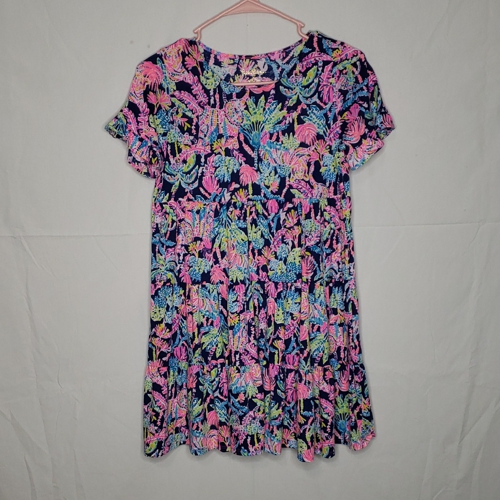 Lilly Pulitzer 100% Cotton Jodee Pleated Mini Dress Oyster Bay Navy Size XL Boho